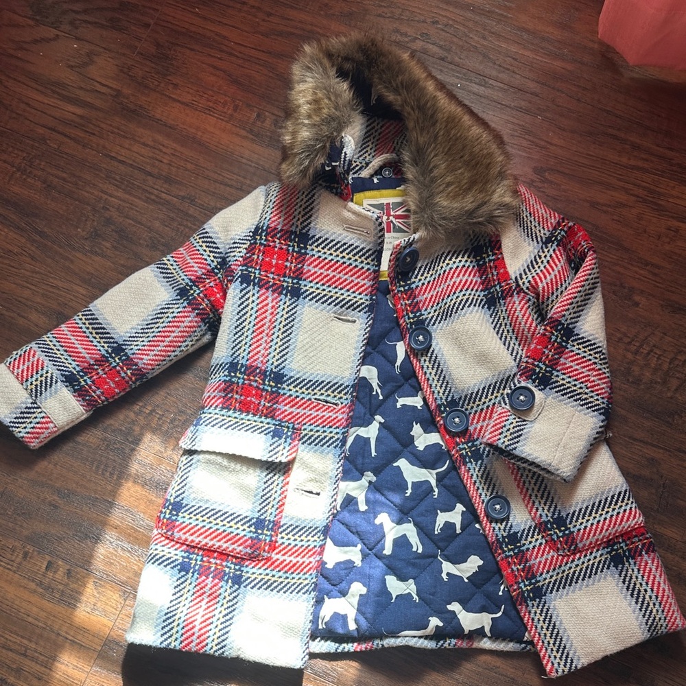 Mini Boden Cream and Red Plaid Pea Coat with Faux Fur Collar